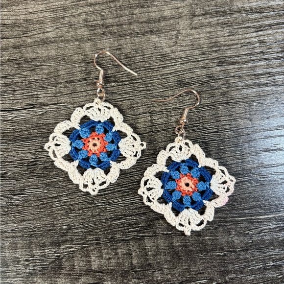 NWOT Elegant Crochet Blue and Cream Earrings - Picture 7 of 9